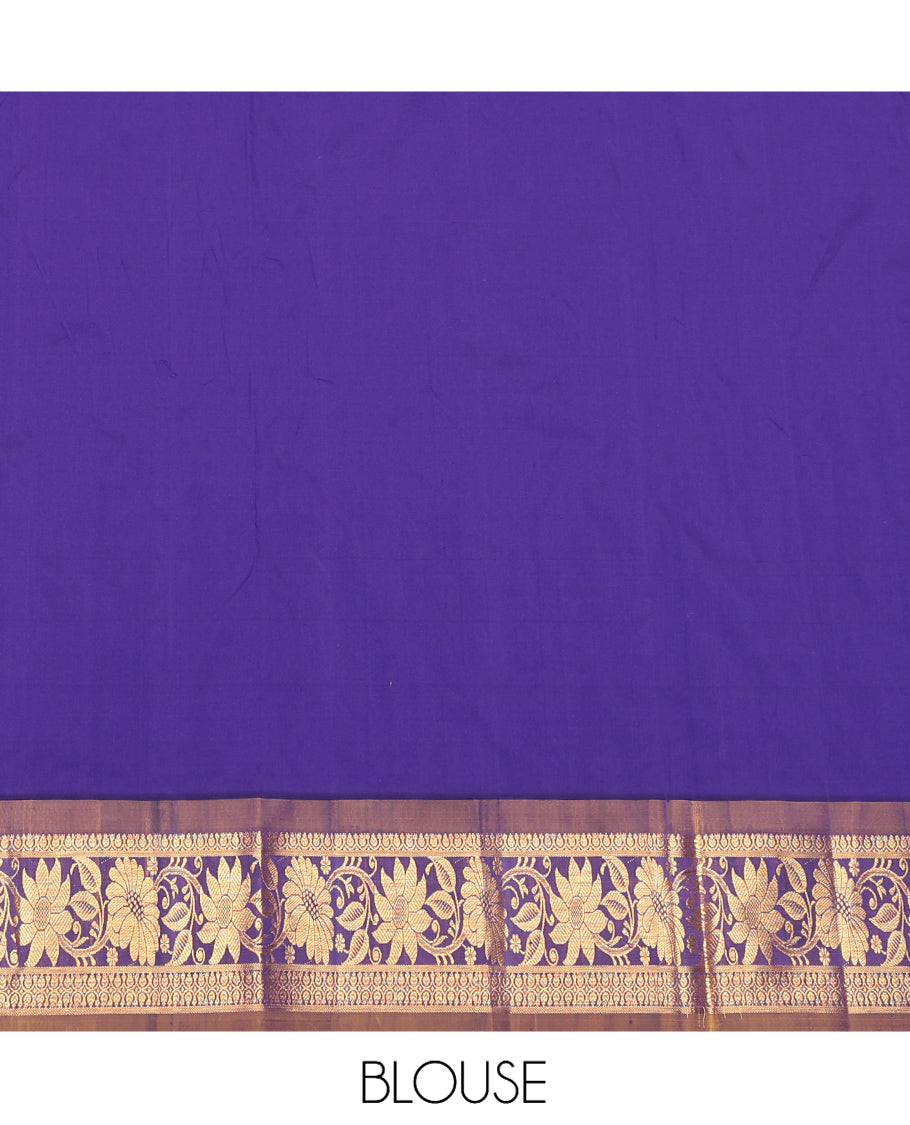 Violet Art Silk Pavadai Material Set, Graced with Zari Designs on Its Skirt, Complemented by a Contrast Floral Zari Border, and a Matching Blouse