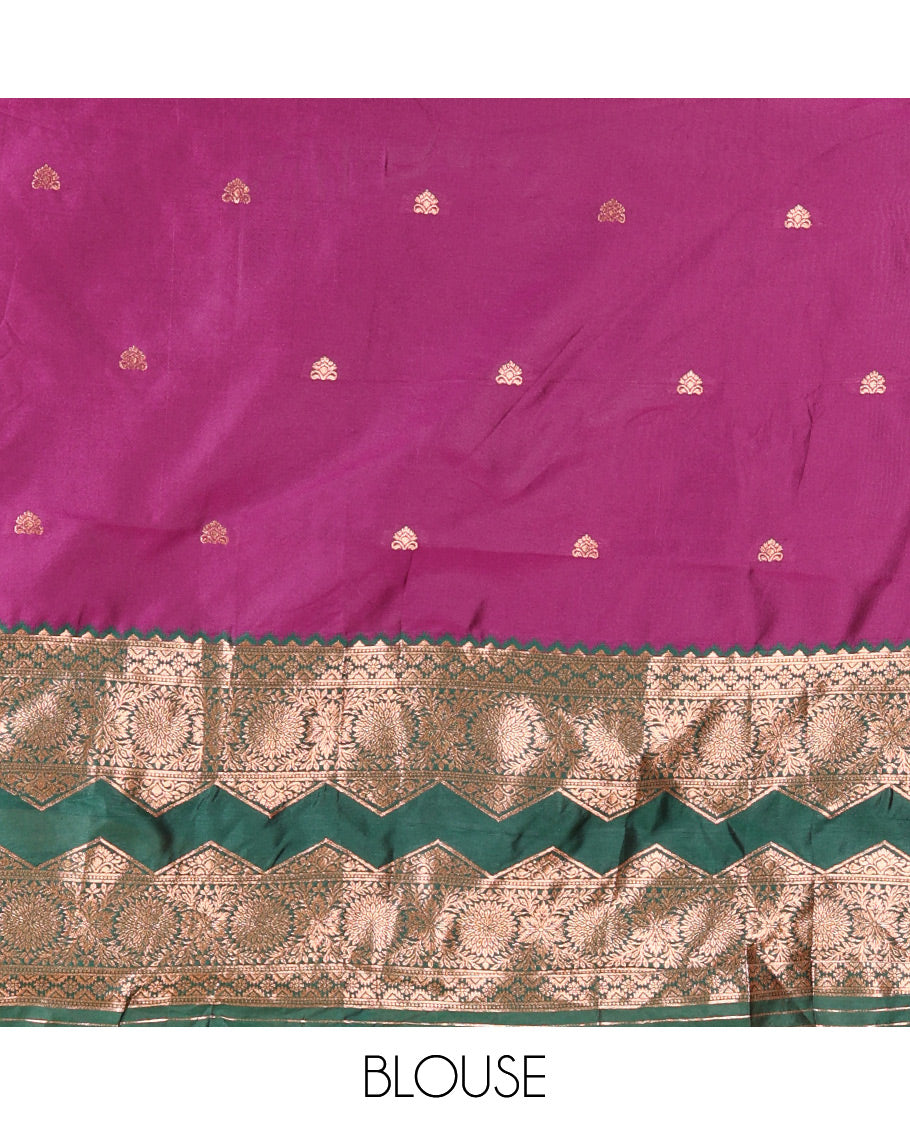 Purple and Green Semi-Banarasi Half-Saree Accentuated with Zari Buttas on Its Skirt, Complemented by Contrast Traditional Zari Border of Chakram Designs, Paired with a Matching Blouse, and a Satin Georgette Embroidered Scallop Dhavani