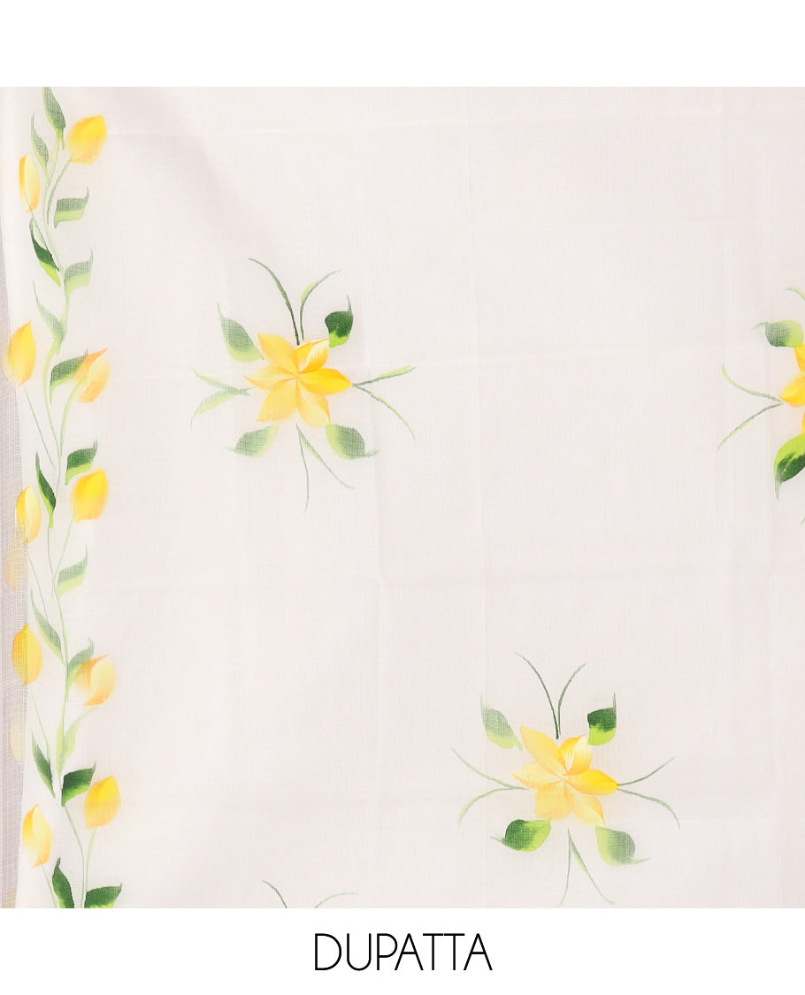 Milk White Net Kota Material Churidar, Adorned with Hand-Brush Painting Floral Printed Top, a Plain Bottom, and Hand-Brush Floral Printed Dupatta