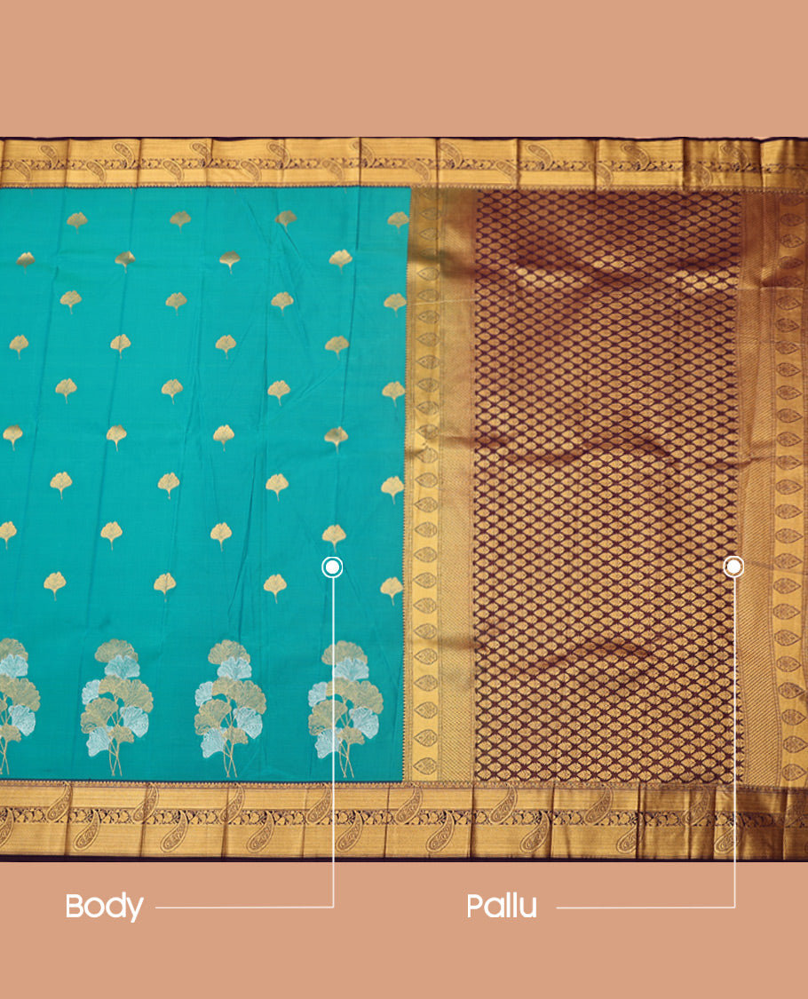 Blue Budget Silk Saree, Adorned with Zari Buttas, Complemented by a Contrast Paisley Zari Border, Grand Pallu, and a Contrast Blouse