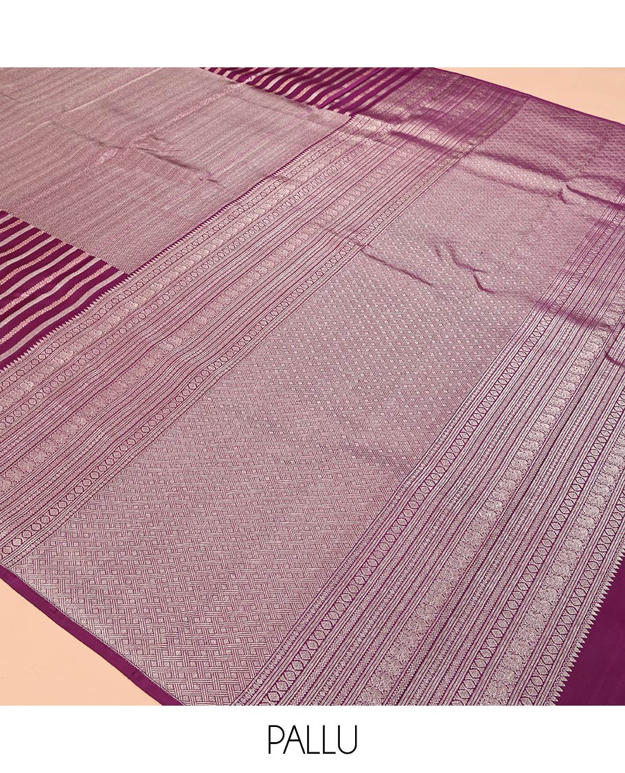 Borderless Purple Vasundhara Silk Saree, Styled with Vanki and Zari Stripes, Highlighted by a Grand Pallu, and Matching Blouse