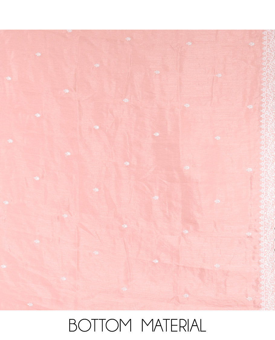 Peach Material Chudidar Set, Delicately Woven with Thread Embroidered Motifs Woven on Mul Chanderi Top, a Mul Chanderi Bottom, Paired with Thread-Embroidered Mul Chanderi Scallop-Bordered Dupatta