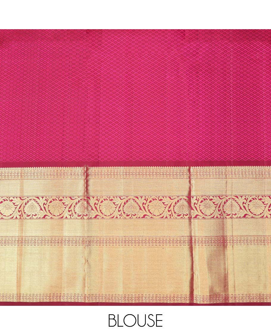 Green floral jacquard pure half silk saree with contrast zari border,  contrast zari design blouse & plain with zari border dhavani