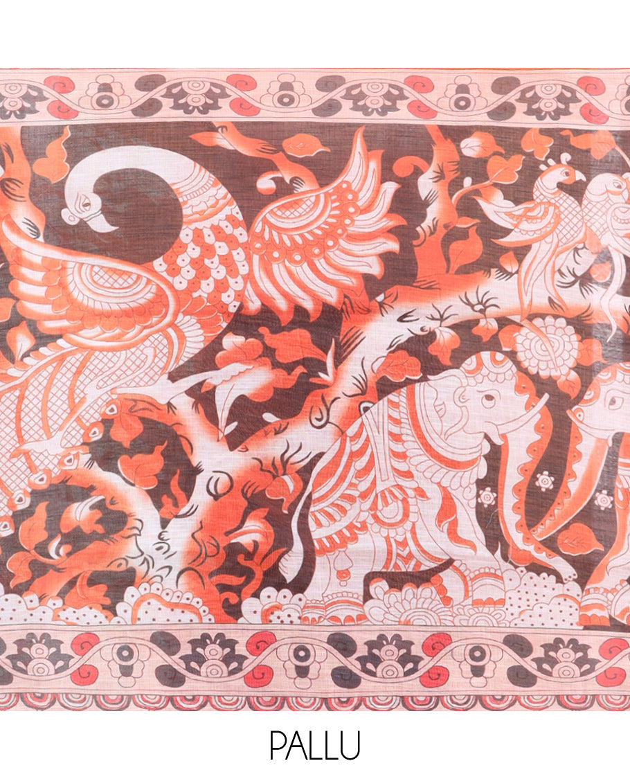 Fanta Linen Cotton Saree Features Kalamkari-Style Human Motifs Print, a Piping Border, Contrast Printed Pallu, and Contrast Blouse