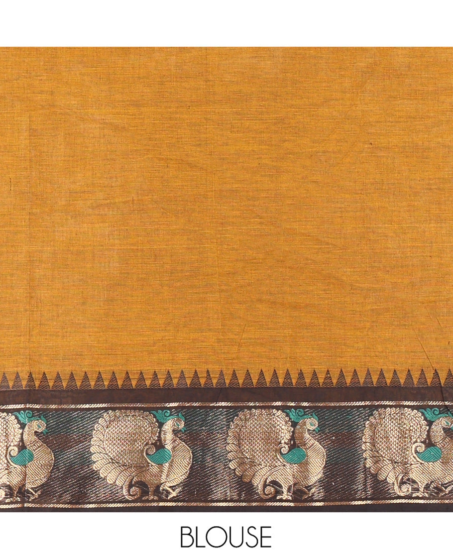 Mustard-Black Chettinad Cotton Half-Saree Set Featuring a Plain Skirt, Contrast Temple Peacock Motif Border, a Matching Blouse, and a Contrast Temple Dhavani