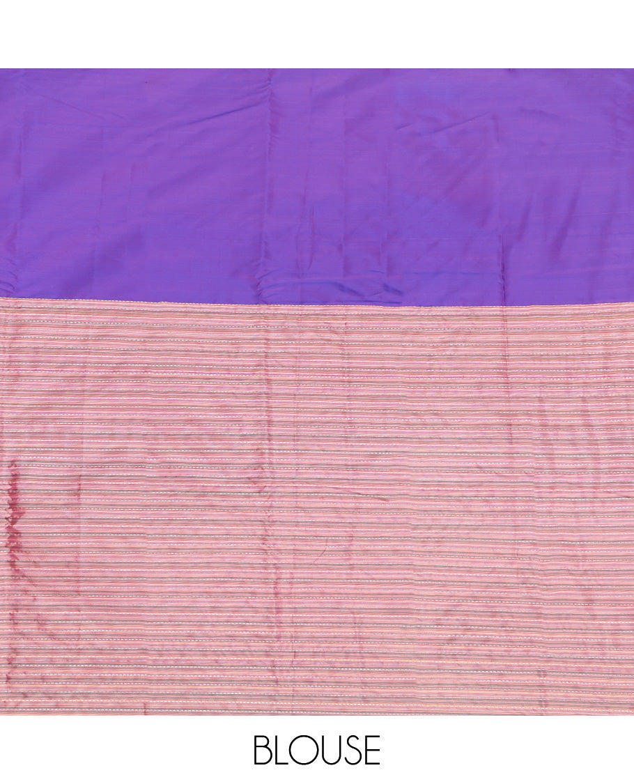 Borderless Violet and Pink Aarani Silk Saree, Adorned with Plain and Muthu Stripes All Over Its Body, Complemented by a Pallu of Stripes, and Paired with a Matching Blouse