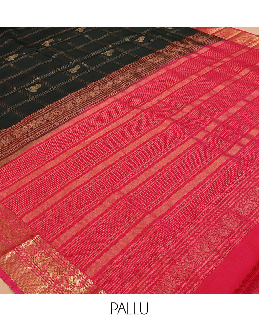 Green Singam Buttas-Checked Vasundhara Lite Silk Mix Saree, Contrast Traditional Border, Contrast Blouse