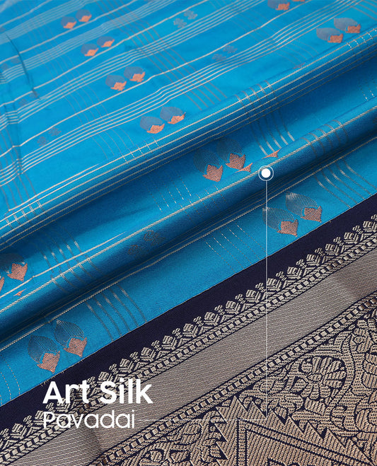 Blue art silk pavadai material set, zari design pavadai, contrast blouse & traditional zari border