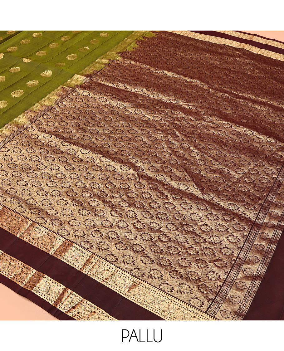 Green Mayuri Lite Silk Mix Saree, Ornamented with Zari Buttas All Over Its Body, Complemented by Contrast Zari Rettai Pettu Traditional Border, Floral Jaal Pallu, and Paired with a Contrast Blouse