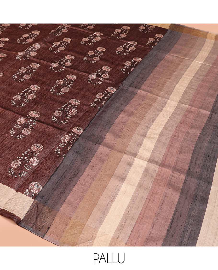 Brown Tussar Silk Saree, Detailed with Floral Motifs Print on Its Body, a Contrast Border, Multi-Color Ombre-Style Striped Pallu, and Paired with a Matching Blouse