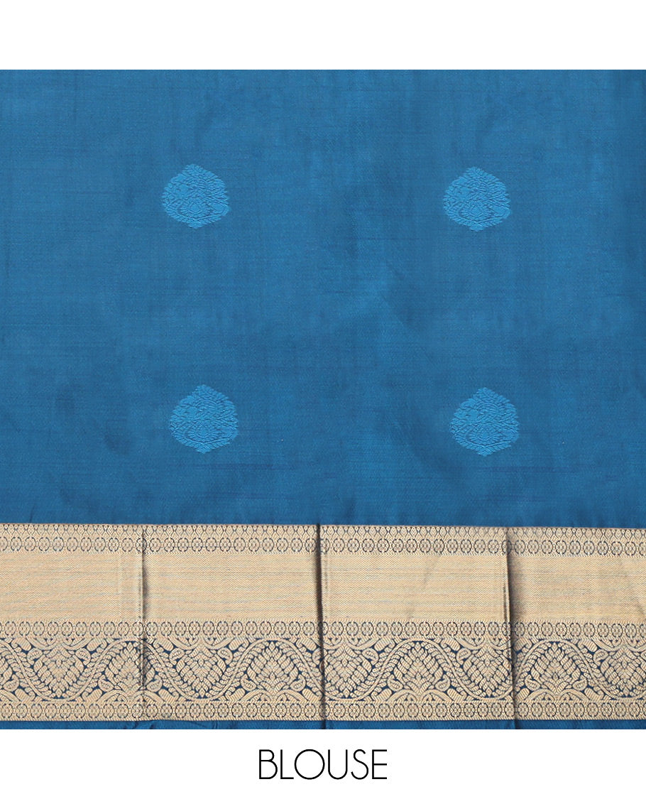 Peacock Blue Budget Silk Saree, Delicately Woven with Zari Buttas, Highlighted by a Traditional Zari Border, Jaal Pallu, and Matching Blouse