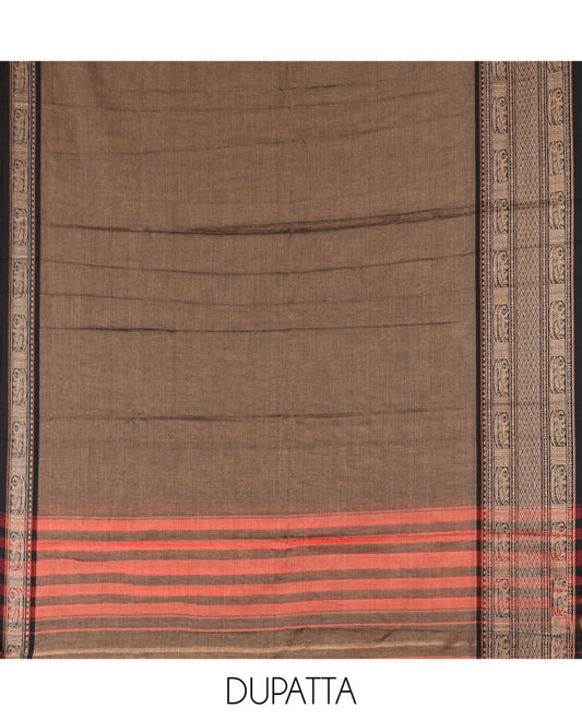 Dark Chikku Mercerised Cotton Material Chudidar Set, Plain with Traditional Motifs Woven Thread Bordered Top, a Plain Bottom, and Paired with a Matching Dupatta