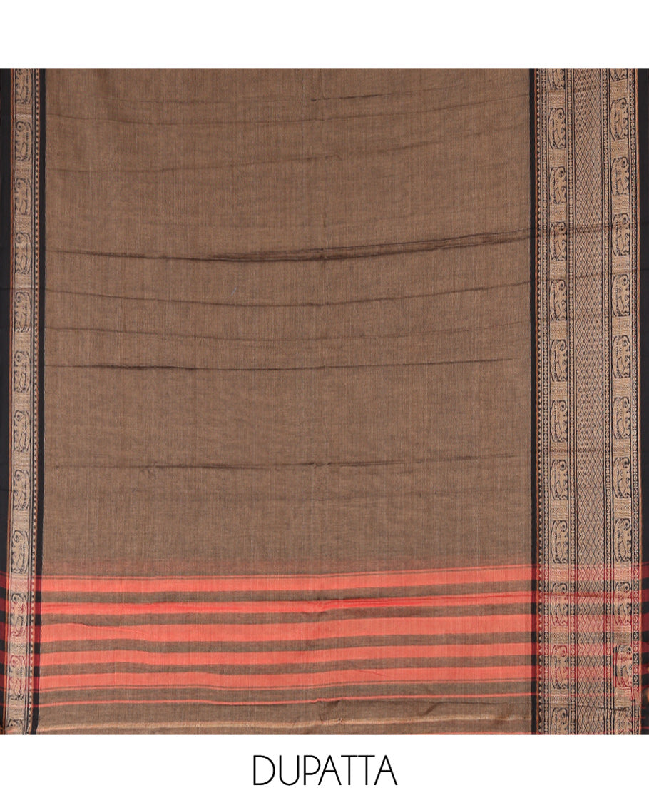 Dark Chikku Mercerised Cotton Material Chudidar Set, Plain with Traditional Motifs Woven Thread Bordered Top, a Plain Bottom, and Paired with a Matching Dupatta