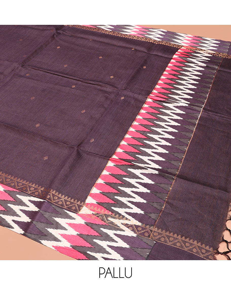 Grey Tussar Silk Saree, Subtly Sparkled with Buttas, Complemented by a Contrast Chevron-Striped Border, Printed Pallu, and a Contrast Blouse