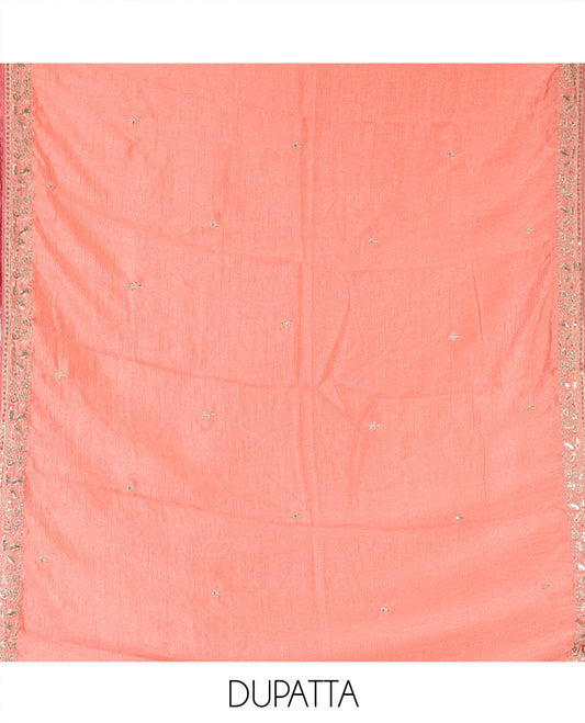 Onion Pink Vichitra Silk Material Chudidar, Embroidered and Cut-work Top, Santoon Bottom, and an Embroidered Dupatta