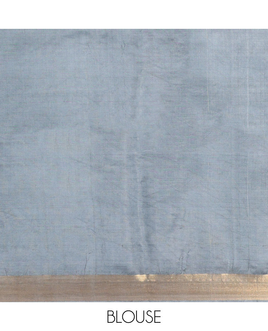Grey Banana Pith Saree, Ornamented with Zari Designs, a Zari Border, Striped Pallu, and Matching Blouse