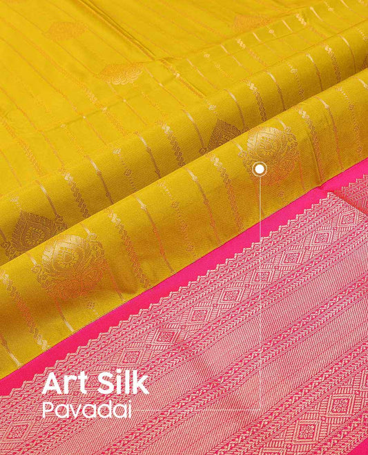 Mustard striped floral design art silk pavadai material with contrast traditional zari design border & zari design blouse