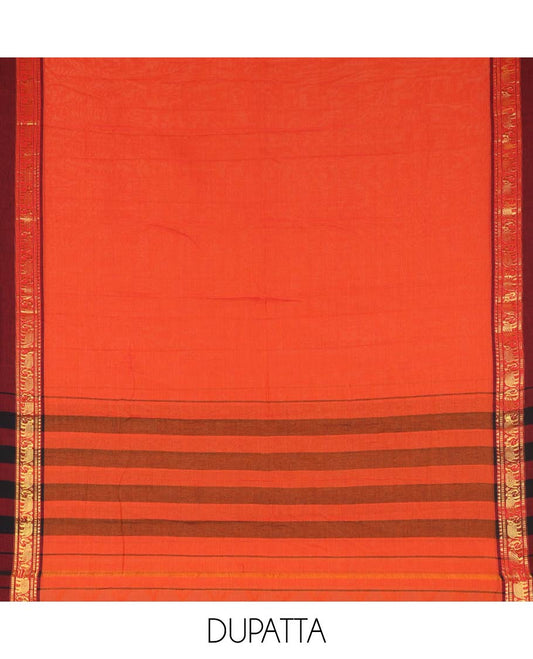 Orange Plain Mercerised Cotton Material Churidar Set, Complemented by Contrast Elephant Motifs Woven Zari Border, Comes with a Plain Mercerised Cotton Bottom, and Is Paired with a Matching Mercerised Cotton Dupatta Mirroring the Same Design