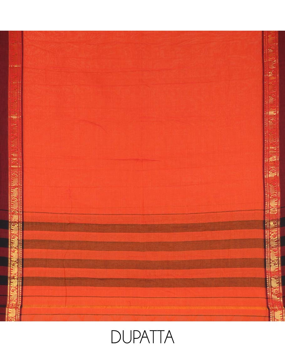 Orange Plain Mercerised Cotton Material Churidar Set, Complemented by Contrast Elephant Motifs Woven Zari Border, Comes with a Plain Mercerised Cotton Bottom, and Is Paired with a Matching Mercerised Cotton Dupatta Mirroring the Same Design