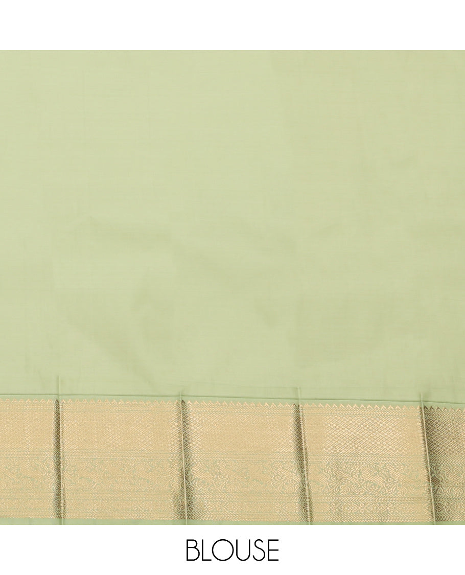 Green Budget Silk Saree, Decorated with Peacock-Chakram Buttas and Stripes, Complemented by a Contrast Traditional Zari Border, Grand Pallu, and a Contrast Blouse