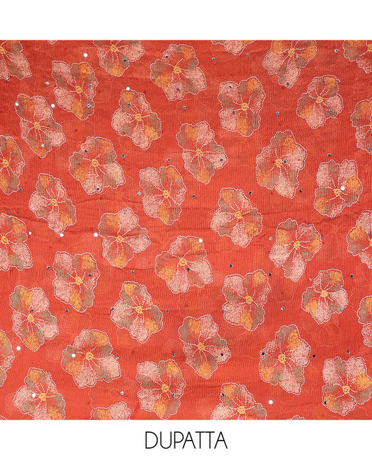 Orange Material Churidar Set, Bedecked up with Plain Vichitra Silk Top, Comes with a Plain Santoon Bottom, and Is Paired with a Crushed Chiffon Dupatta of Floral Print and Mirror Work