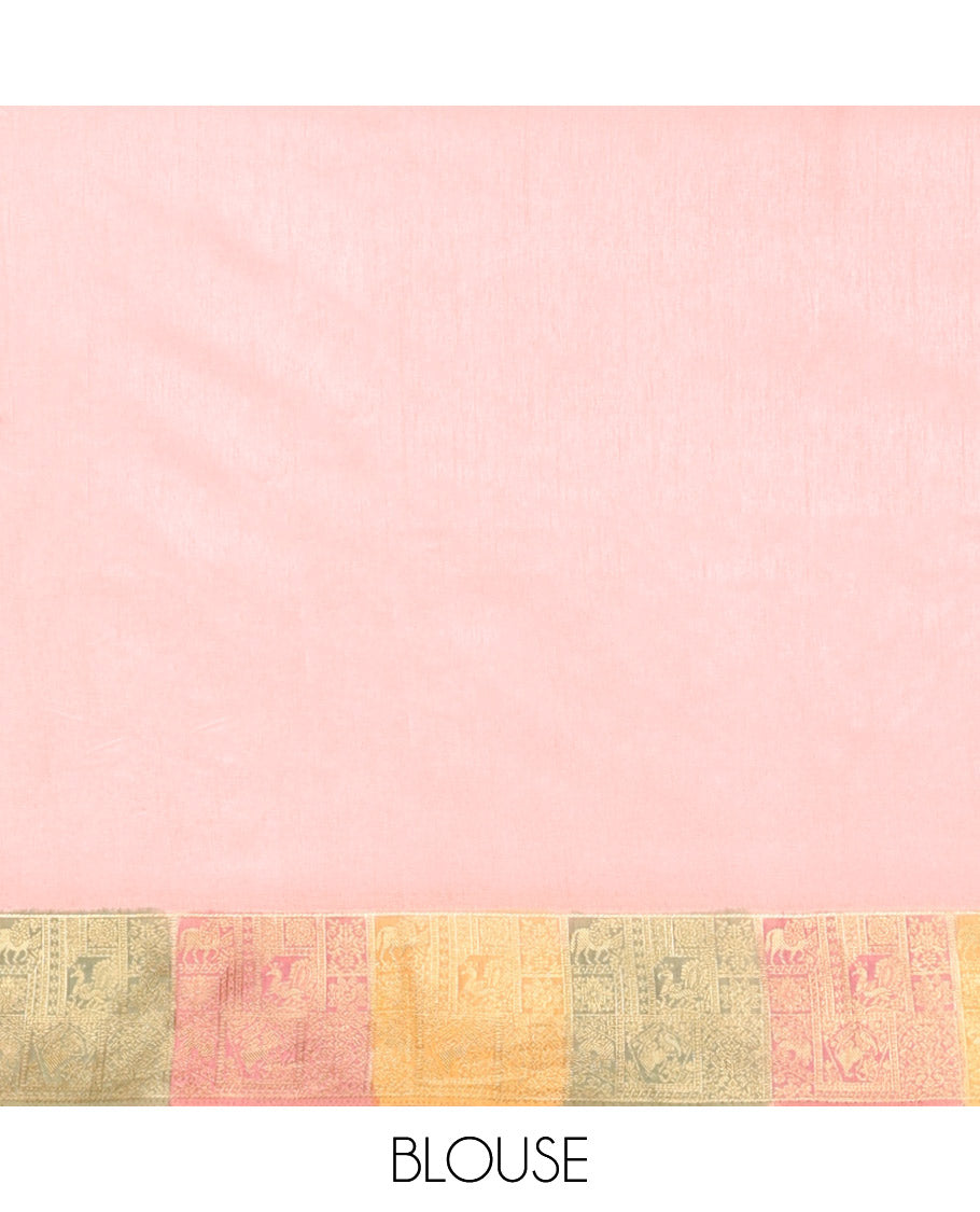 Peach Zari Motifs Fancy Raw Silksaree, Contrast Intricate Zari Border, Matching Blouse