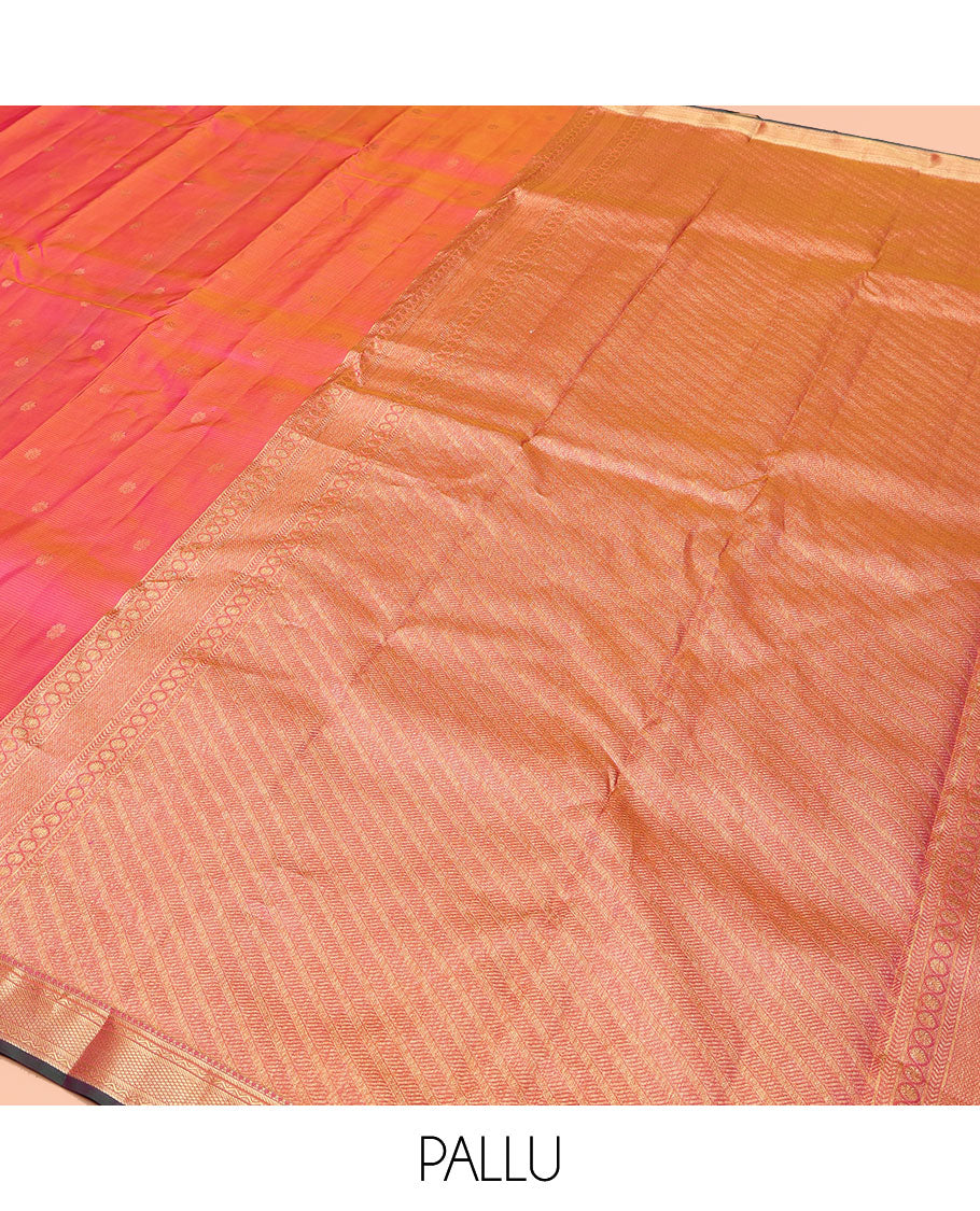 Pink Kanchipuram Silk Saree, Subtly Sparkled with Zari Buttas and Vazhaipoo Stripes All Over Its Body, Highlighted by a Zari Border of Rekku, Banaras, Neli, and Mayil Kann Designs, Intricately Designed Pallu, and Paired with a Matching Blouse
