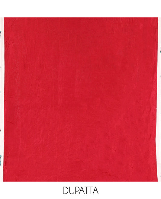 Cream-Red Material Chudidar Features an Elephant-Umbrella Printed Top, a Contrast Bottom, Contrast Bordered Dupatta