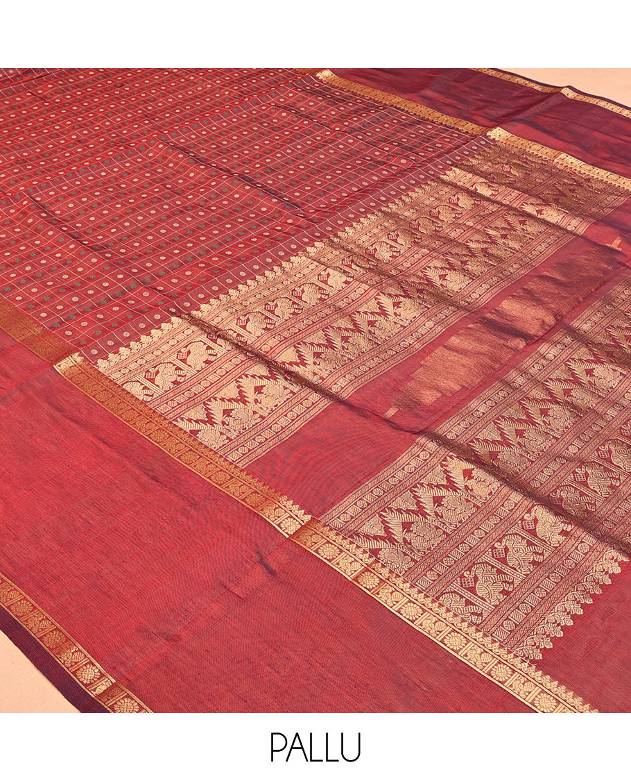 Maroon Buttas-Checks Kuppadam Silk Saree, a Contrast Double-Pet Peacock-Chakra Border, a Matching Blouse