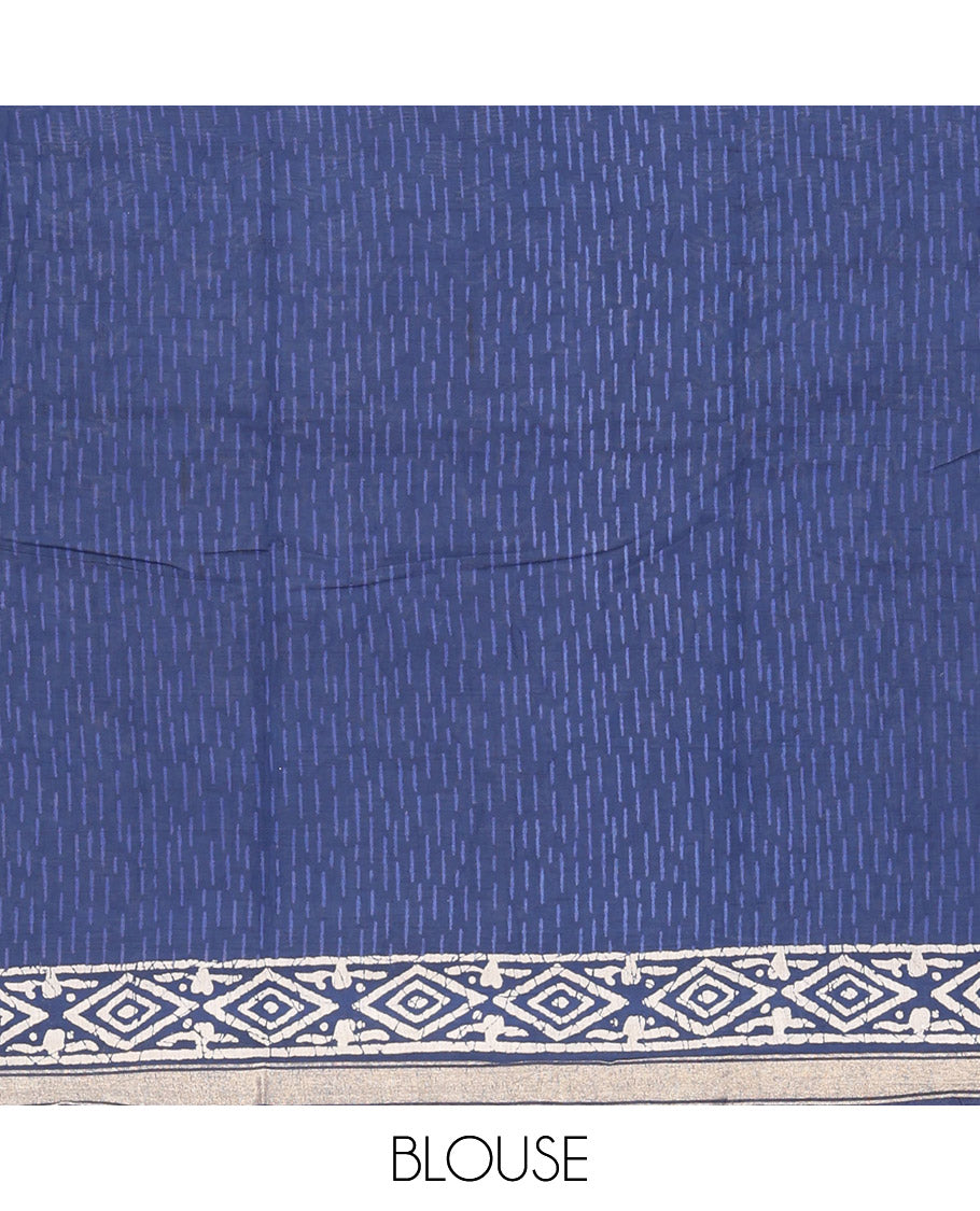 Blue Mul Mul Cotton Saree, Ornamented with Block Print, a Piping Border, Geometric-Printed Pallu, and a Matching Blouse