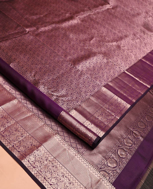 Purple Kanchipuram Wedding Silk Saree, Elevated with Jacquard Design on Its Body, Highlighted by Zari Border of Rekku, Jaal, and Floral Designs, Grand Jaal Pallu, and Paired with a Matching Blouse