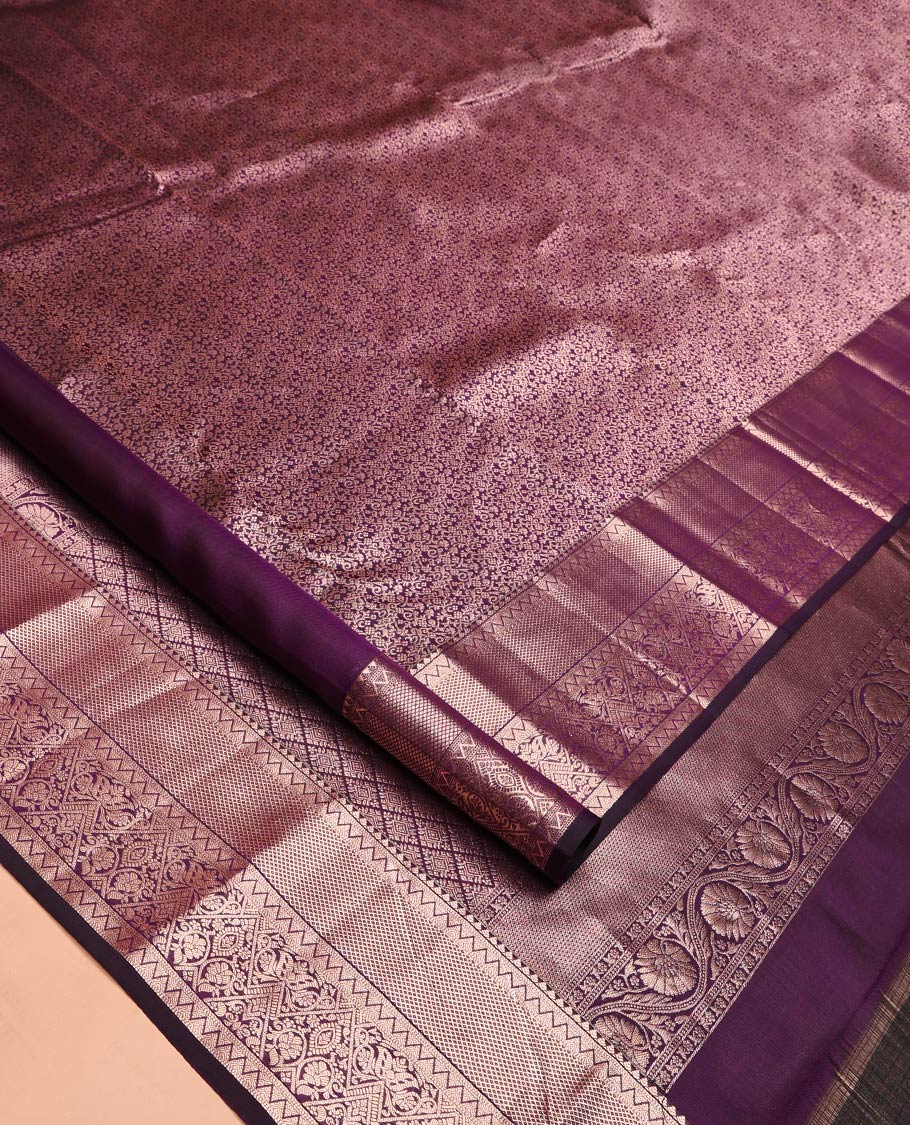 Purple Kanchipuram Wedding Silk Saree, Elevated with Jacquard Design on Its Body, Highlighted by Zari Border of Rekku, Jaal, and Floral Designs, Grand Jaal Pallu, and Paired with a Matching Blouse