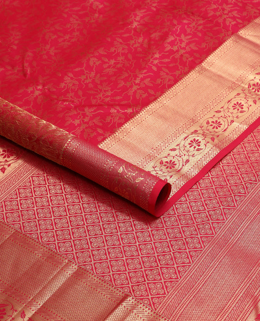 Red jaal design kancheepuram silk saree  with self border of rekku, muthu, banras, kodi visiry design & zari design pallu