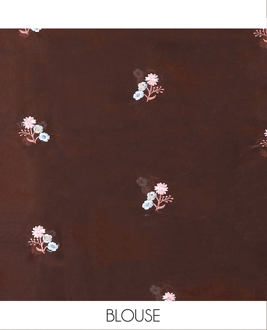 Brown crane and floral motifs thread embroidered designer saree, scallop floral thread embroidered border, and embroidered pallu