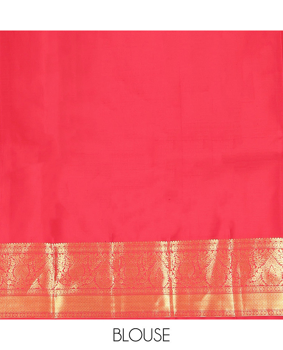 Maroon Kanchipuram Silk Saree, Beautified with Zari Buttas All Over Its Body, Complemented by Contrast Border of Kamalam, Thilakam, and Mayil Kann Designs, Grand Jaal Pallu, and Paired with a Contrast Blouse