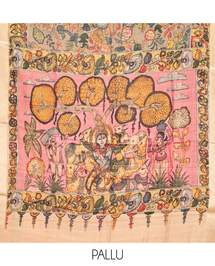 Grey Kalamkari Printed Semi-Banarasi Tussar Saree, Adorned with Floral Vine, Contrast Border, Pallu of Lord Krishna Design, and a Contrast Blouse