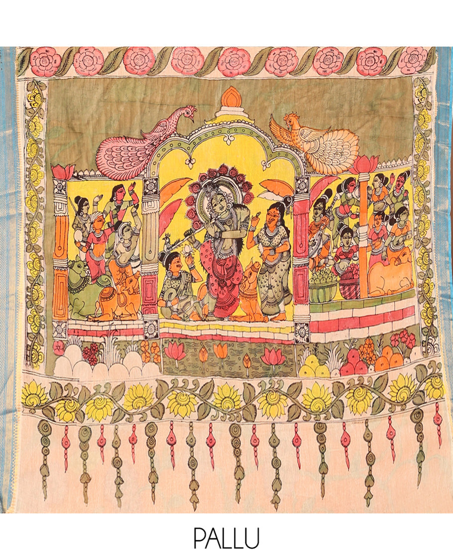 Orange Kalamkari Silk Saree, Styled with Floral Vine Print, a Contrast Traditional Zari Border, Human Motifs Pallu, and a Contrast Blouse