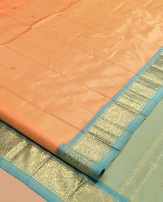Orange Kanchipuram Silk Saree, Accentuated with Zari Buttas, a Contrast One-Sided Border of Banaras and Jaal Design, Zari Design Pallu, and No Blouse