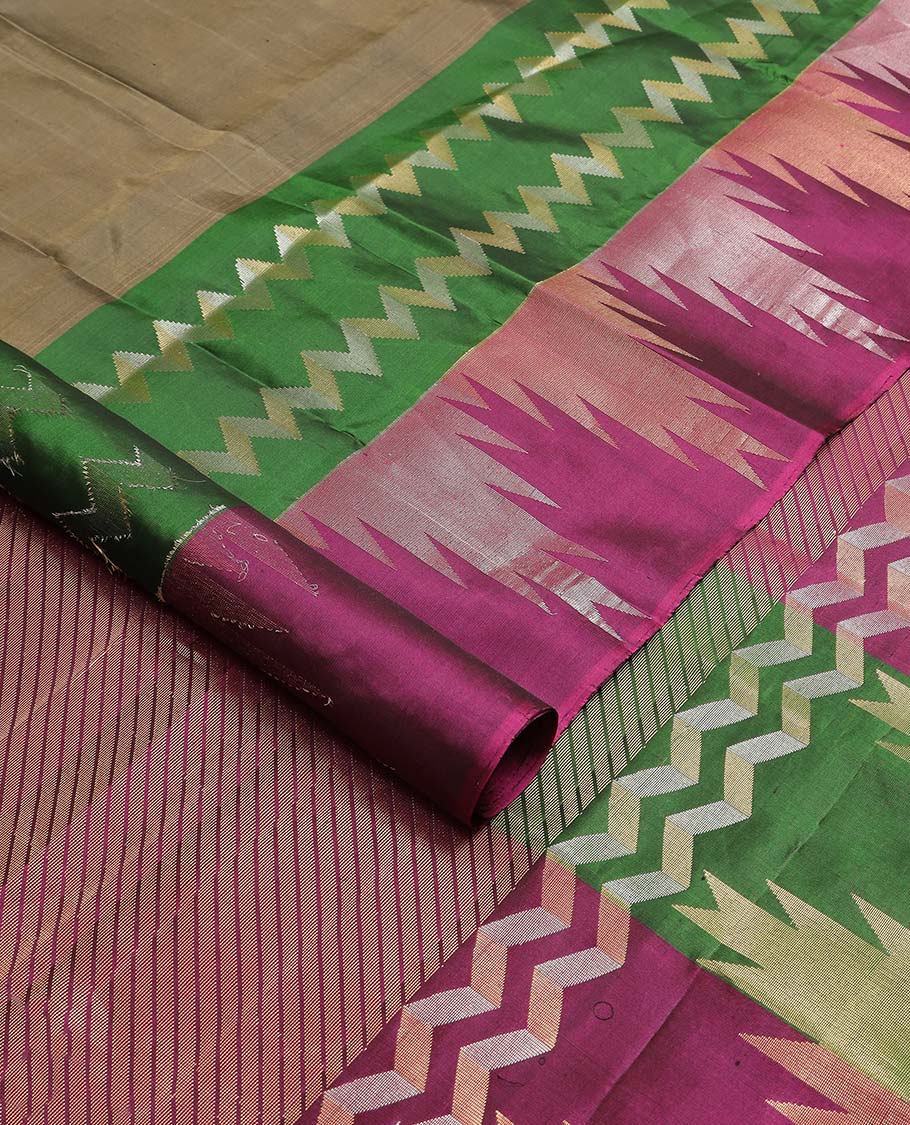 Green mayuri soft silk saree with contrast temple border & striped pallu