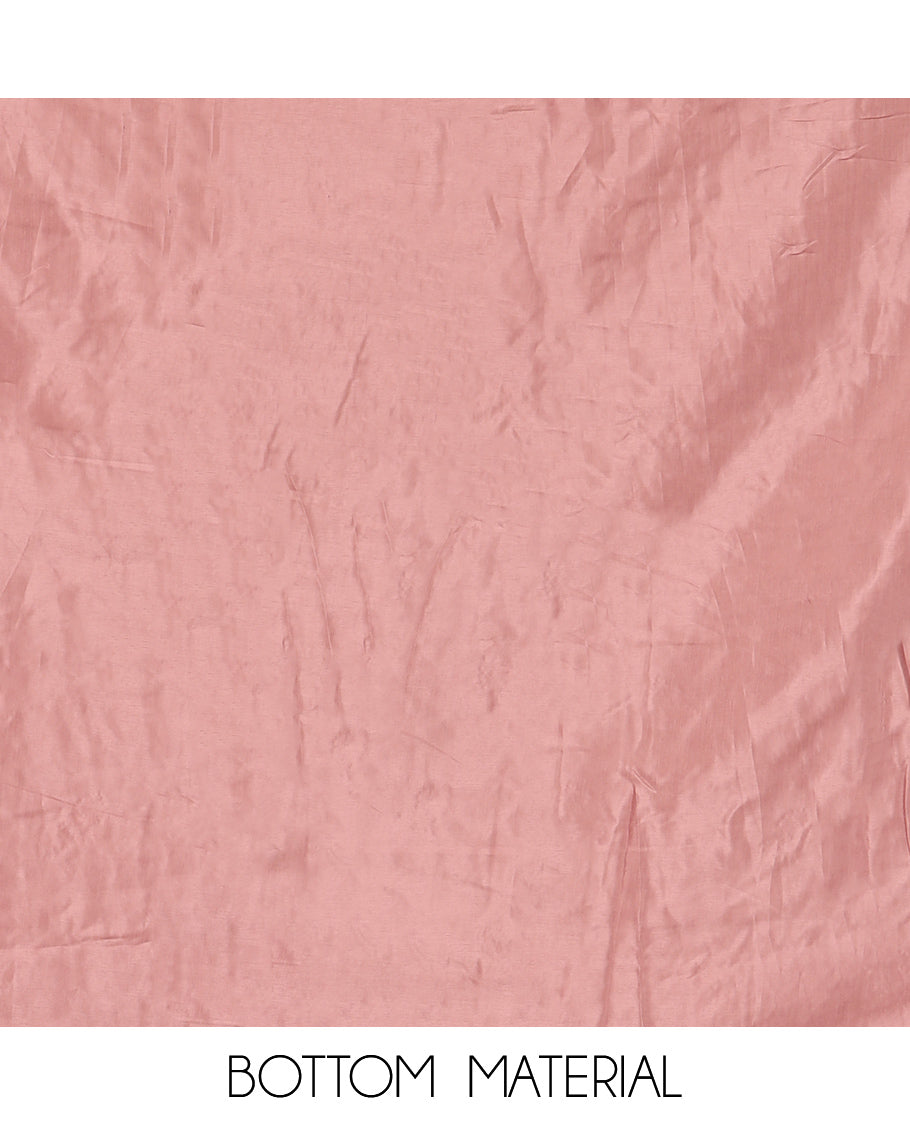 Peach Fendy Organza Material Chudidar Set, Adorned with Neck Embroidered Top, a Santoon Bottom, and a Embroidered Dupatta