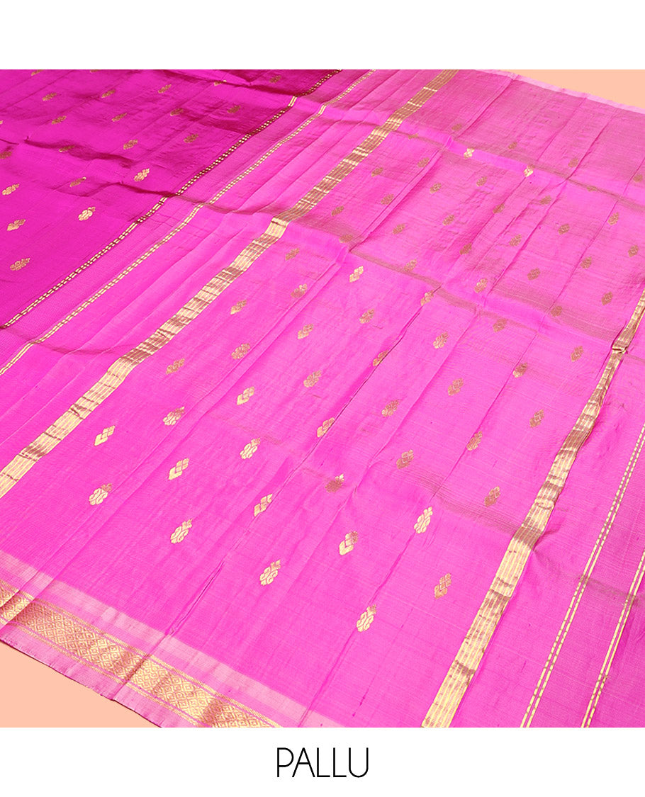 Pink Kanchipuram Silk Saree, Enriched with Zari Buttas, Contrast Korvai Border of Banaras, and Mayil Kann, Zari Design Pallu, and No Blouse