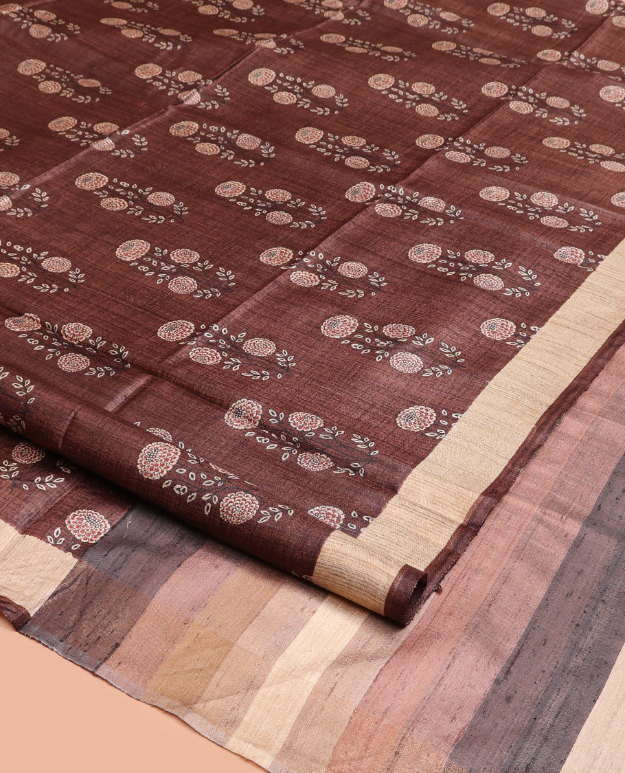 Brown Tussar Silk Saree, Detailed with Floral Motifs Print on Its Body, a Contrast Border, Multi-Color Ombre-Style Striped Pallu, and Paired with a Matching Blouse