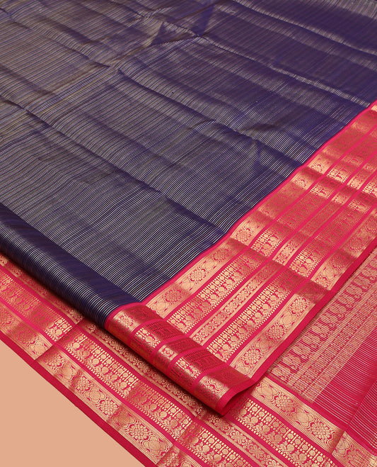Blue Striped Vasundhara Lite-Silk Mix Saree, a Contrast Border of Traditional Zari Designs, Grand Jaal Pallu, and a Contrast Blouse