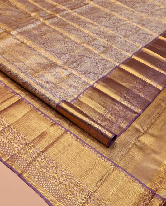 Grey-Gold Kanchipuram Tissue Silk Saree, Richly Detailed with Jacquard Design On Its Body, Complemented by Contrast Traditional Zari Designs Woven Border, Grandly Zari Designed Pallu and Paired with a Contrast Blouse