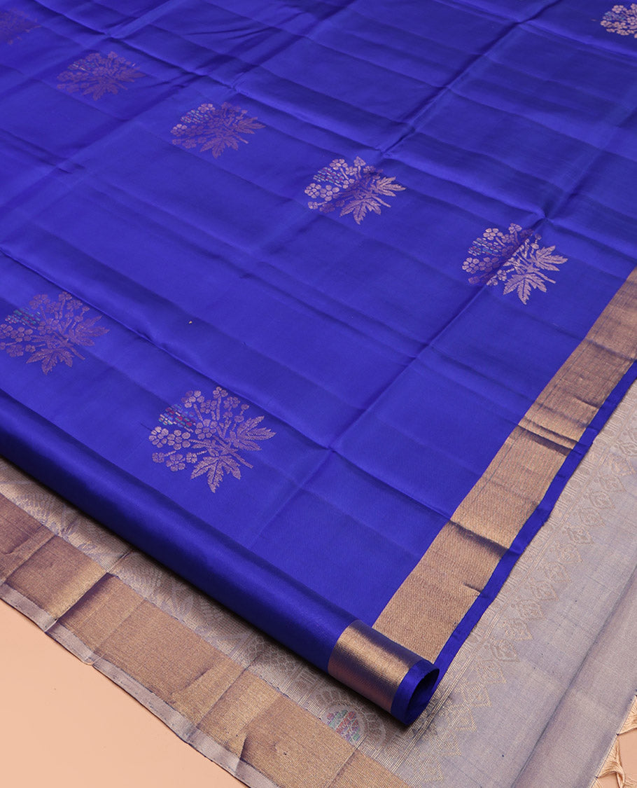 Blue Mayuri Lite Silk Mix Saree, Woven with Zari Buttas, Highlighted by Zari Bavanji Border, Pallu of Floral Jaal Design, and a Contrast Blouse