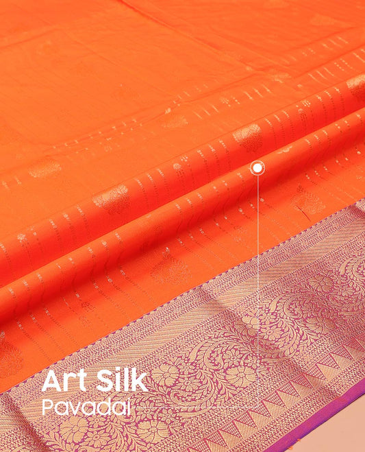 Orange Art Silk Pavadai Material Set, Charmingly Accented with Zari Designs on Its Skirt, Complemented by a Contrast Traditional Zari Design Border, and Paired with a Contrast Blouse