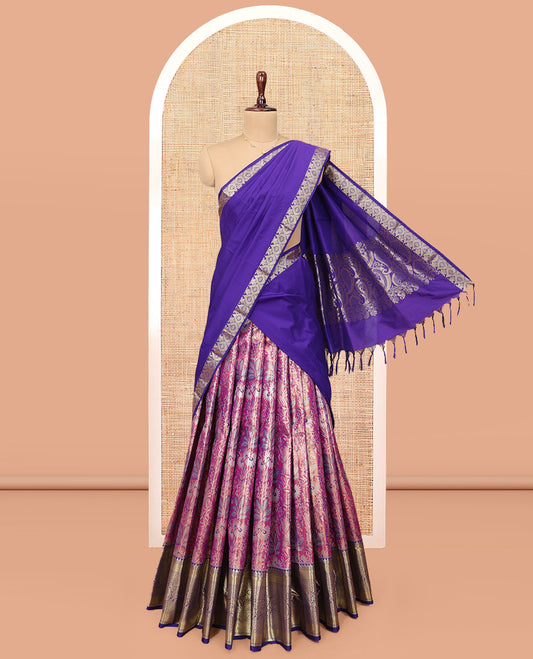 Rosewood Art Silk Material Half-Saree Set, Features Floral Jacquard Design Skirt, Complemented by Captivating Contrast Traditional Zari Designs Woven Border, Paired with a Contrast Blouse and a Intricate Dhavani