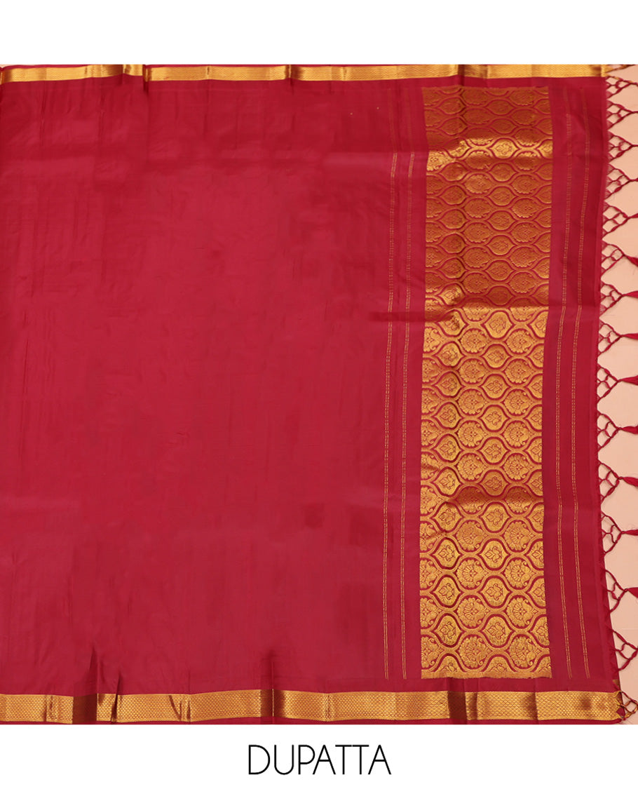 Cream Pure Silk Half-Saree, Enthralled with Zari Buttas All Over Its Skirt, Complemented by Contrast Wedding-Theme Border of Poo Chakram and Rudraksham Designs, Paired with a Contrast Blouse, and Comes with a Dhavani of Ogee Patterns