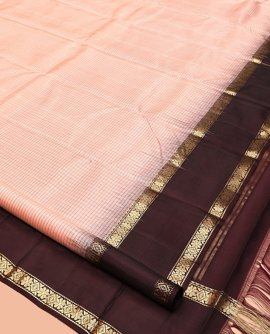 Peach Checked Kanchipuram Silk Saree, Complemented by a Contrast Rettai Pettu Traditional Border, Gleaming Pallu, and a Contrast Blouse
