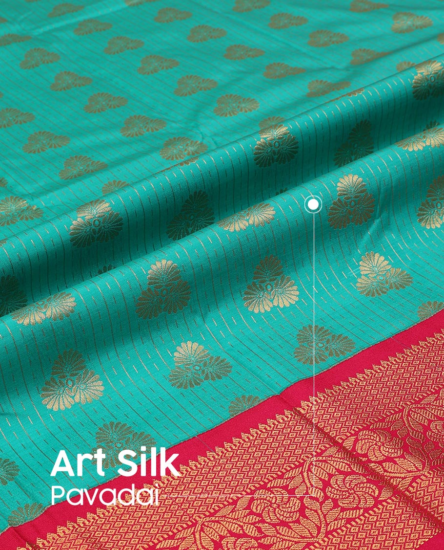 Persian Green Art Silk Pavadai Material Set Featuring Zari Buttas Skirt, Complemented by a Contrast Traditional Zari Design Border, and Paired with a Contrast Blouse